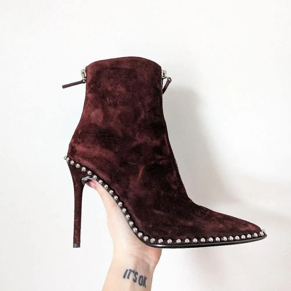 Alexander Wang cranberry maroon wine red suede studded Eri stiletto ankle boots